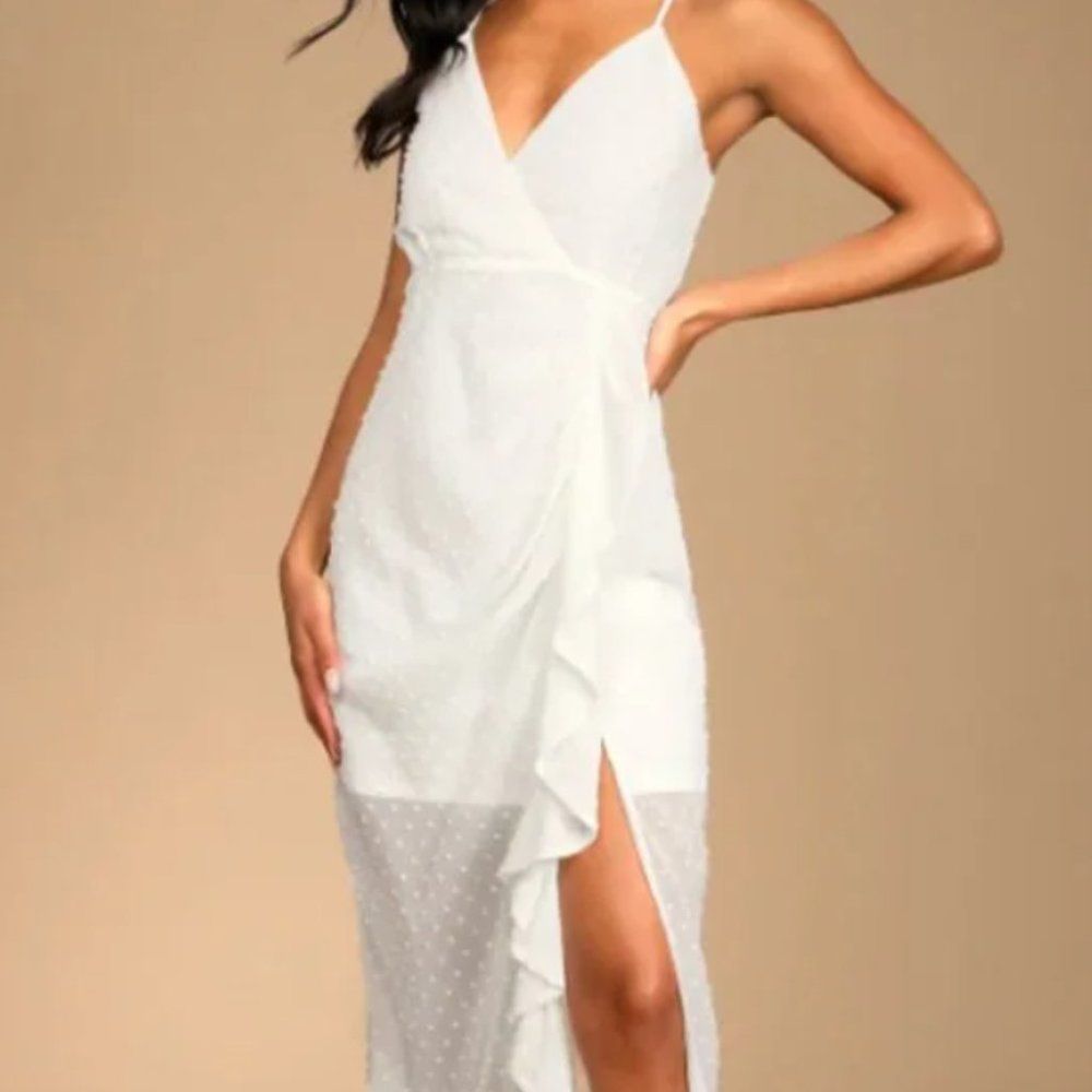 Lulus White Dot Ruffled Midi Dress - Size XS